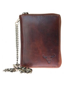 Pánská velká kožená peněženka s býčí lebkou dokola na kovový zip a 50 cm dlouhým kovovým řetězem a karabinkou FLW