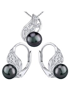 Silvego Stříbrný set šperků GENEVIE s přírodní perlou v barvě černá Tahiti - náušnice a přívěsek LPS1697BS