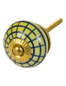 Malovaná porcelánová úchytka na šuplík, světle žlutá, modrá mřížka, 3,7cm