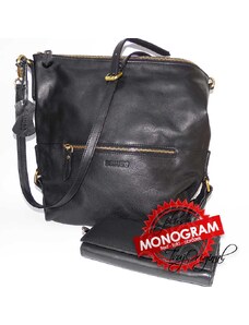 Tvujoriginal Dámský kožený set černá kožená peněženka a kožená kabelka BELLUGIO Leather s monogramem (ražba)
