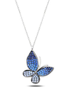Klenoty Amber Stříbrný náhrdelník motýl s modrými zirkony
