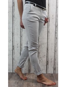 Dámské elegantní kalhoty - šedo-bílé - pruhy XL