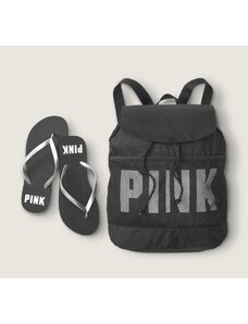 Set batoh, batůžek PINK (Victoria's Secret) černý volnočasový, sportovní, 100% recyklovatelný materiál + žabky S 36/37