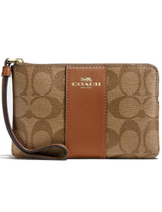 Coach Peněženka Corner Zip Wristlet In Signature Canvas Khaki Saddle Light Gold