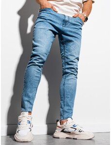 Ombre Clothing Pánské džínové kalhoty s drsným lemem a nohavicemi SLIM FIT - světle modré V2 OM-PADP-0146