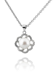 Výrazný stříbrný náhrdelník ve tvaru kytičky s perlou - Meucci SP47N