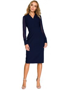 STYLOVE S136 Šifonové pouzdrové šaty s dlouhými rukávy - tmavě modré