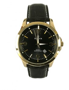 Slava Time Pánské černo-zlaté elegantní hodinky s černým ciferníkem SLAVA 10097