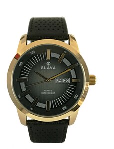 Slava Time Pánské elegantní hodinky SLAVA s perforovaným páskem černo-zlaté SLAVA 10134