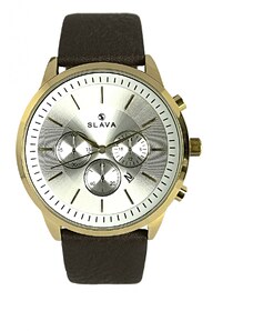 Slava Time Pánské elegantní hodinky SLAVA se třemi ciferníky zlato-hnědé SLAVA 10089