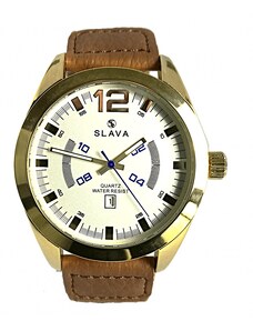 Slava Time Pánské masivní hodinky SLAVA s hořčičně-hnědým textilním řemínkem SLAVA 10084