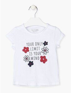 LOSAN Dívčí bílé tričko s nápisem a kytičkami