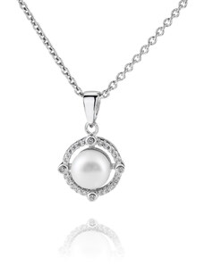 Stříbrný náhrdelník s výraznou perlou a zirkony okolo - Meucci SP11N