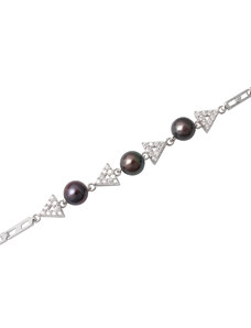 Stříbrný náramek s černými říčními perlami a zirkony - Meucci TAB019