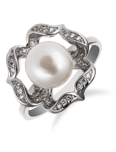 Výrazný stříbrný prsten s perlou uvnitř zirkonové skořápky - Meucci SP59R
