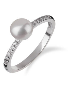 Jednoduchý stříbrný prsten s perlou a zirkony - Meucci SP69R