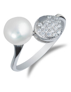 Stylový stříbrný prsten s říční perlou a zirkony - Meucci SMP09R