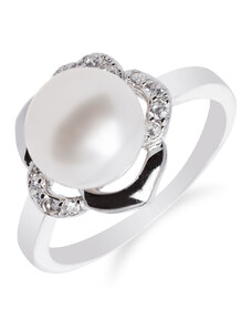 Stříbrný rhodiovaný prsten s perlou a kytičkou - Meucci SP28R