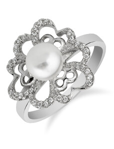 Výrazný stříbrný prsten s kytkou a perlou - Meucci SP46R