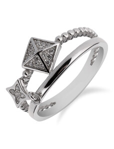 Dvojitý stříbrný prsten zdobený čtverečky se zirkony - Meucci SR101