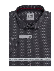 AMJ pánská košile bavlněná, tmavě šedá s čtverečky a trojúhelníky VKBR1211, krátký rukáv, regular fit