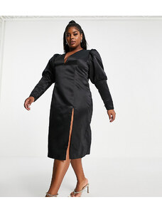 Collective the Label Curve plunge volume sleeve midi dress in black