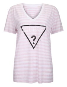 Outlet - GUESS tričko Destroyed Logo V-Neck Tee lilac, 472-L