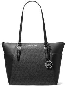 Michael Kors Kabelka Charlotte Large Logo and Leather Top-Zip Tote Bag Black