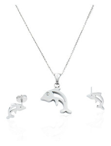 BM Jewellery Dámský set náušnice a řetízek s přívěskem delfín z chirurgické oceli S11123060