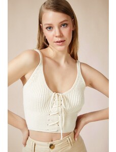 Happiness İstanbul Women's Cream Zigzag Drawstring Tricot Crop Top