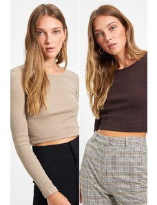 Trendyol Brown-Beige 2-Pack Fitted Wide Collar Corduroy Stretchy Crop Knitted Blouse