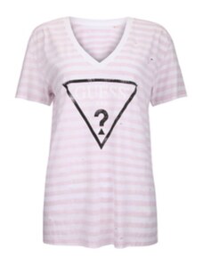 Outlet - GUESS tričko Destroyed Logo V-Neck Tee lilac M Růžová