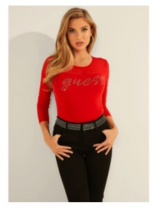 GUESS top Mesh Mix Logo Sweater červený L Červená