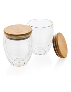 Set dvou dvoustěnných sklenic s bambusovým víčkem, 250ml, XD Design, čirá