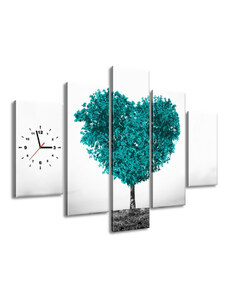 Gario Obraz s hodinami Tyrkysový strom lásky - 5 dílný Rozměry: 150 x 105 cm