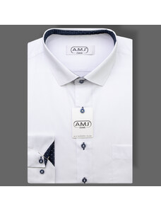 Pánská košile AMJ jednobarevná JDR018/31, bílá s tmavě modrými doplňky, dlouhý rukáv, regular fit