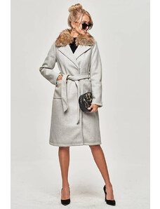 Ann Gissy Světle šedý dámský kabát s kožíškem (SASKIA)