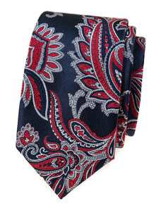 Avantgard Tmavě modrá luxusní pánská slim kravata s červeným vzorem