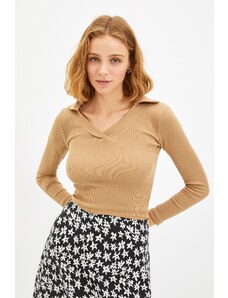 Trendyol Camel Polo Neck Crop Knitted Blouse