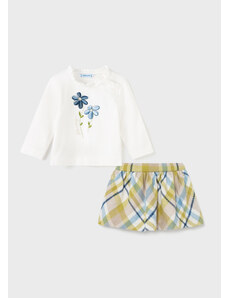 Mayoral Check skirt set with top for baby girl, Olive