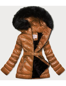 MHM Lesklá zimní bunda v karamelové barvě s mechovitou kožešinou (W673)
