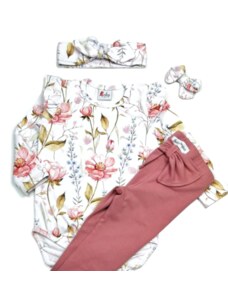 Body "Letní louka" dívčí Baby project - růžové květované s dlouhým rukávem
