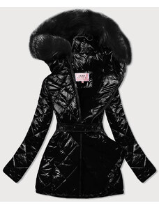 MHM Černá lesklá zimní bunda s mechovitým kožíškem a s černou kožešinou (W756)