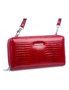 Velká dámská kožená peněženka s popruhem přes rameno červená