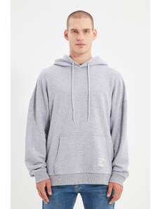 Trendyol Basic Gray Oversize/Wide-Fit Hooded Labeled Fleece Inner Cotton Sweatshirt