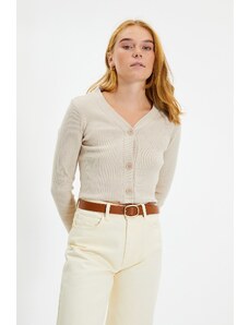 Trendyol Beige Buttoned V Neck Fake Knitwear Knitted Blouse
