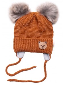 Dětská zimní čepice s fleecem Teddy Bear - chlupáčk. bambulky - hnědá, šedá, BABY NELLYS