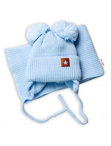 Dětská zimní čepice s šálou STAR - modrá s bambulkami, BABY NELLYS Velikost koj oblečení: 56-68 (0-6 m)