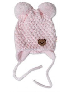 Zimní pletená čepice Teddy Bear na zavazování, růžová, Baby Nellys
