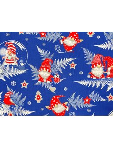 Mirtex Plátno DOMESTINO 120/ 22296-7 Vánoční skřítek červený na modré - 160cm / METRÁŽ NA MÍRU